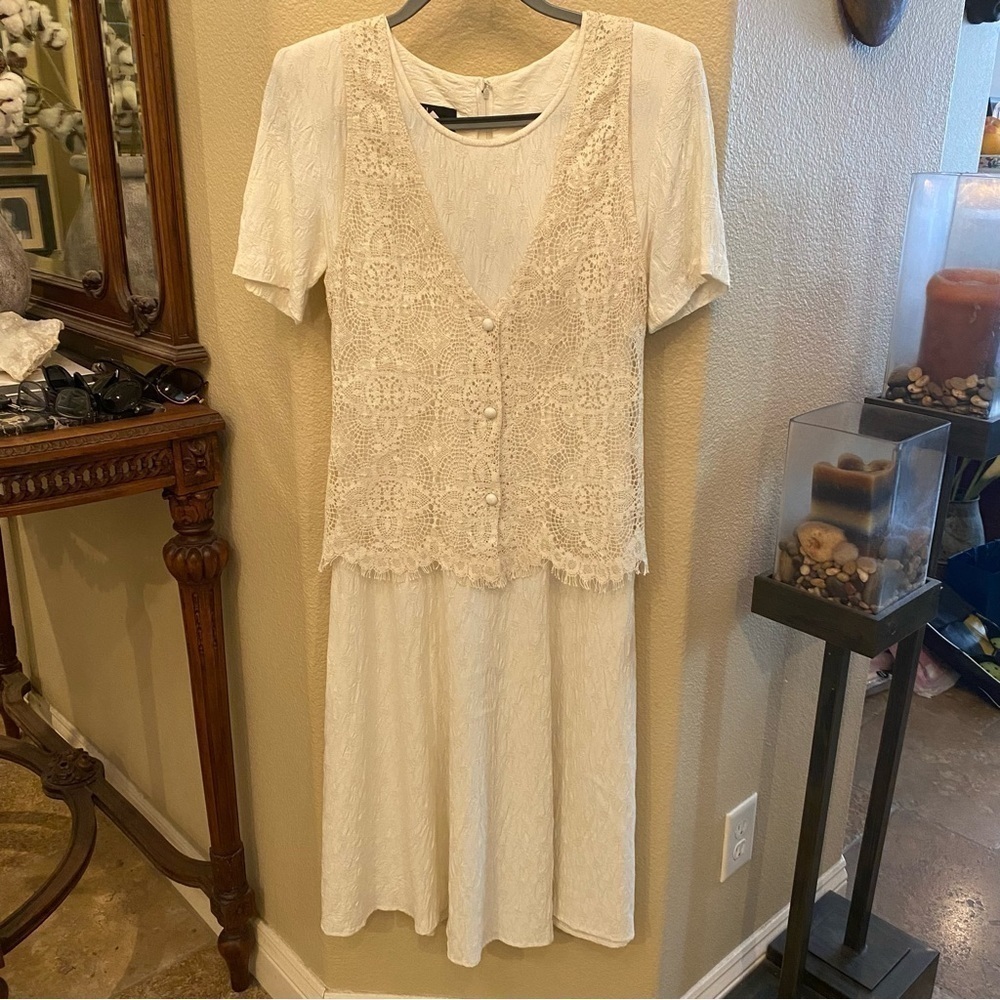 Vintage CAROLE LITTLE Women Ivory Crochet Vest Cottage Core Prairie Dress Size 6